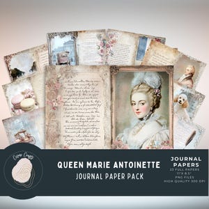 May include: A collection of vintage-style journal papers featuring illustrations of Queen Marie Antoinette, macarons, and antique carriages. The pack includes 23 full papers, each 27.9 cm x 21.6 cm, in PNG format. The image also includes the Cosmo Crafts logo.