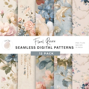 Könnte beinhalten: Eine Sammlung von zwölf nahtlosen digitalen Mustern mit einem floralen Rokoko-Design. Die Muster zeigen Pastellfarben, darunter Rosa, Blau und Creme, mit verschiedenen Blumenarrangements. Das Bild enthält den Text "Floral Rococo" und "Seamless Digital Patterns".
