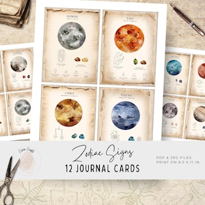 Puede incluir: Un conjunto de 12 tarjetas de diario con signos del zodiaco. Cada tarjeta presenta una ilustración en acuarela de un signo zodiacal, junto con el nombre y las fechas del signo. Las tarjetas están impresas en papel envejecido. El texto "Zodiac Signs 12 Journal Cards" está en la parte inferior.