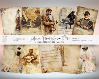 Music Junk Journal Kit, Vintage Printable Pages, Digital Scrapbook Supplies, Musical Collage Ephemera, Digital Download HA1