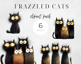Frazzled Black Cat Clipart: Funny Watercolor PNG Graphics (Digital Download)