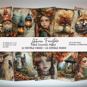 Puede incluir: Un conjunto de páginas de diario ilustradas con el tema "Cuento de hadas de otoño". Las imágenes presentan personajes caprichosos, follaje otoñal y fondos de estilo vintage. El texto en la imagen dice "24 páginas 21,6 cm x 27,9 cm, 12 páginas 27,9 cm x 21,6 cm, 300 DPI, 12 páginas dobles + 24 páginas individuales."