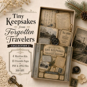 May include: A collection of vintage-style paper ephemera in a box, featuring train station schedules, luggage tags labelled No. 008, and black and white photographs of railway scenes. The set includes text reading Tiny Keepsakes from Forgotten Travelers.