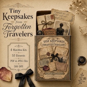 May include: A collection of vintage-style paper ephemera titled Tiny Keepsakes from Forgotten Travelers, featuring four matchbox kits with 53 elements, including aged envelopes, handwritten notes, sepia-toned photographs, and decorative metal buttons.