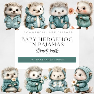 Bébé hérisson en pyjama des cliparts, aquarelle bébés animaux Clipart Pack, 8 PNG, 12 x 12 pouces, 300 DPI, usage commercial, téléchargement numérique HGP