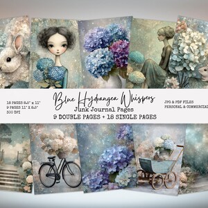 Puede incluir: Una colección de páginas de diario basura digitales con un tema de acuarela. Las páginas presentan ilustraciones de hortensias, un conejo, una niña y una bicicleta. El texto "Blue Hydrangea Whispers" se muestra en la imagen.