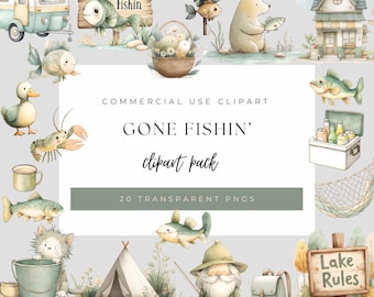 May include: Watercolor clipart pack with a fishing theme. Includes illustrations of a camper, fish, bear, duck, lobster, gnome, tent, and a sign that says "Gone Fishin". The text "Commercial Use Clipart" and "20 Transparent PNGs" are also included.