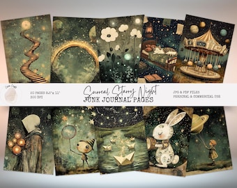 Surreal Starry Night Junk Journal Pages: Galaxy Dreamscape Ephemera (PDF Download 8.5x11)