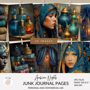 May include: A collection of digital art images with an Arabian Nights theme. The images include portraits, stacks of books, ornate bottles, and architectural scenes. The text "Arabian Nights JUNK JOURNAL PAGES" is displayed.