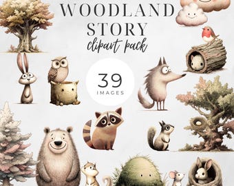 May include: A collection of woodland-themed clipart illustrations. The image features various animals, including a bear, raccoon, squirrel, and owl, along with trees, clouds, and other forest elements. Text reads "WOODLAND STORY clipart pack" and "39 images".