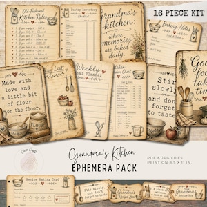 May include: A vintage-style ephemera pack with 16 pieces, featuring kitchen-themed designs. Includes recipe cards, pantry checklists, and kitchen rules. The pack has a rustic, aged paper aesthetic with handwritten fonts and illustrations of kitchen tools.