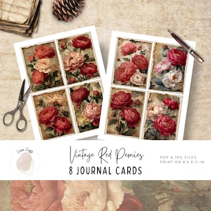 Cartões de diário vintage com peônia vermelha – Conjunto de 8 itens florais efêmeros para impressão para diários de sucata, scrapbooking e artesanato em papel, download digital