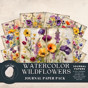 Aquarel wilde bloemen collage afdrukbare ongewenste dagboekpagina's, digitaal papier, plakboekpapier, kaarten maken, papier ambachtelijke digitale download WO1