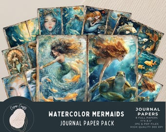 Aquarel zeemeermin ongewenste dagboekpagina's, Ocean Fantasy Ephemera, plakboek afdrukbaar, vintage esthetisch digitaal papier, zee thema briefpapier WM