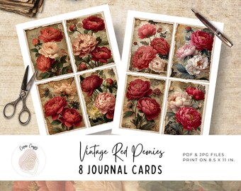 Vintage Red Peony Journal Cards – Set of 8 Floral Ephemera Printables for Junk Journals, Scrapbooking & Paper Crafts, Digital Download