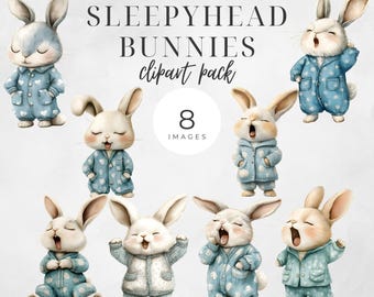 Sleepy Bunny Clipart: Watercolor Pajama Bunnies PNG (Commercial Use)
