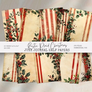 Rustic Plaid Christmas Half Papers, Red Vintage Junk Journal, Printable Collage, Ephemera 5.5&quot; x 8.5&quot; Scrapbook Paper, Digital Download RP1