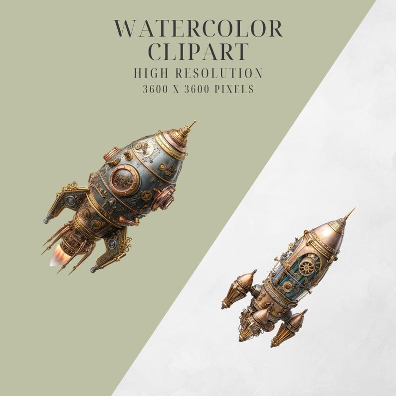 Steampunk Rocket Clipart Pack | Vintage Spaceship PNG | Fantasy ...