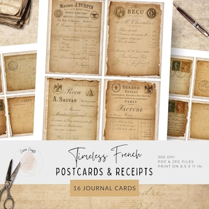 May include: A collection of vintage-style journal cards featuring aged receipts and postcards. The cards have a sepia tone and include French text. The words "Timeless French Postcards & Receipts" are displayed.