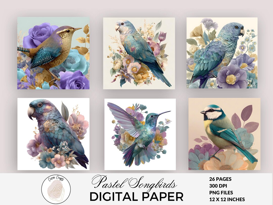 Pastel Songbirds Digital Paper | Watercolor Birds & Flowers | Vintage ...