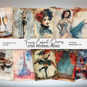 Páginas de diário de cabaré francês, imprimíveis da vida noturna parisiense, can-can e espartilhos, inspirados no Moulin-Rouge, itens efêmeros boho parisienses FC