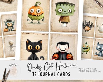 May include: A collection of twelve journal cards featuring whimsical Halloween illustrations. The cards showcase a pumpkin, Frankenstein's monster, a black cat, and a vampire, among other spooky characters. The text "Quirky Cute Halloween" is displayed on the cards.