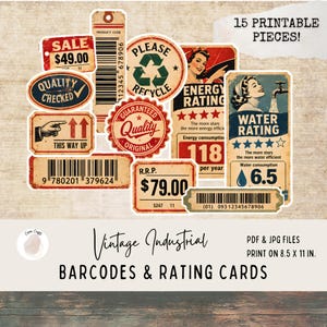 Puede incluir: Una colección de 15 pegatinas imprimibles de estilo vintage con códigos de barras, etiquetas de consumo de energía y agua, y sellos de control de calidad. Los diseños incluyen textos como SALE $49.00, PLEASE RECYCLE y WATER RATING con ilustraciones.
