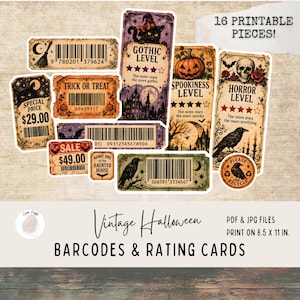 Puede incluir: Una colección de 16 piezas de papel imprimibles con temática de Halloween y diseños vintage, que incluyen códigos de barras, tarjetas de calificación y etiquetas. Los gráficos muestran gatos negros, calabazas, calaveras, cuervos y texto.