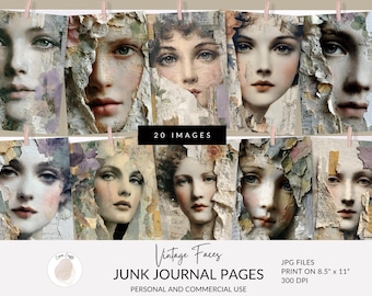 Puede incluir: Una colección de retratos de mujeres de estilo vintage, parcialmente cubiertos con papel rasgado y elementos florales. Las imágenes están impresas en papel de 21,59 cm x 27,94 cm. El texto dice "Vintage Faces" y "Junk Journal Pages".