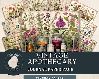 May include: A collection of vintage apothecary journal papers featuring botanical illustrations and antique glassware. The papers showcase various flowers and herbs, with a color palette of greens, pinks, and purples. The pack includes 8 full papers, 11" x 8.5" US Letter size.