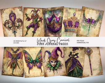 Mardi Gras Carnival Junk Journal Pages, Carnival Printable, Vintage Ephemera, Masquerade Scrapbook, New Orleans Collage, Instant Download MG