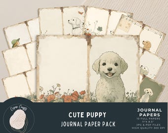 Cute Puppy Journal Paper Pack | Printable Dog Junk Journal Pages | Vintage Dog Stationery Digital Papers PDF JPG CD