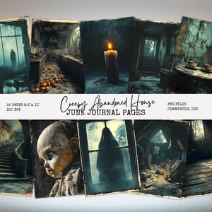 Páginas de diario basura de una casa abandonada espeluznante, efímera gótica embrujada, imprimible grunge vintage oscuro, papel de álbum de recortes espeluznante, collage de terror AH