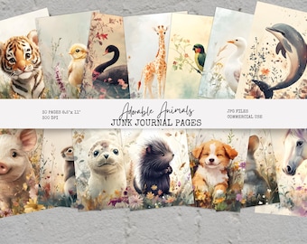 Whimsical Pets Junk Journal Pages, Adorable Baby Animals Nursery Art, Digital Paper, Scrapbook Paper,  Papercraft, Digital Download WP1
