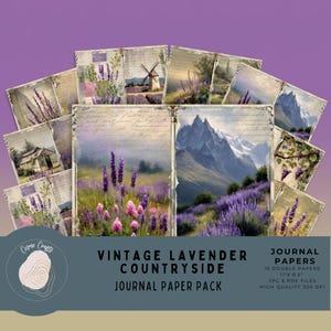Páginas de diario basura con paisaje de lavanda romántico francés, lámina artística vintage de campo botánico, estilo tiza, fondo para álbum de recortes RL