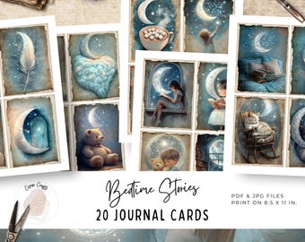 May include: A collection of 20 journal cards with a bedtime stories theme. Each card features a watercolor illustration of a moon, stars, and various cozy scenes. The cards are designed to print on 8.5 x 11 inch paper.