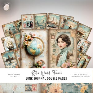 Diario di viaggio del mondo, 9 pagine stampabili, viaggi retrò vintage, effimeri floreali, kit per collage artistici, articoli per scrapbooking e bricolage
