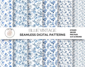 May include: A collection of eight seamless digital patterns in shades of blue and white. The patterns feature floral, landscape, and botanical designs. The text "BLUE VINTAGE SEAMLESS DIGITAL PATTERNS" is displayed. Each pattern is 12 x 12 inches.
