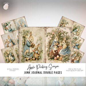 Skräpjournalsidor för äppelplockningssäsongen, vintagekaninillustrationer, utskrivbara höstskörder, scrapbookingpapper för hösten, mysiga bondgårds-ephemera