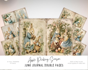 Apple Picking Season Junk Journal Pages, Vintage Rabbit Illustrations, Fall Harvest Printables, Autumn Scrapbook Papers, Cozy Farm Ephemera