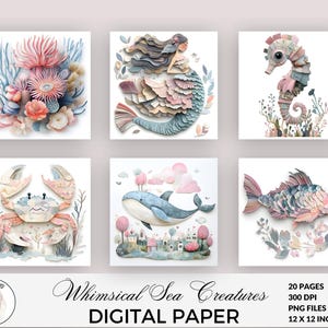 Whimsical Sea Creatures Printable Digital Paper, Patchwork, Nursery Wall Art, Junk Journal, Ephemera, Scrapbooking, Digital Download WSC