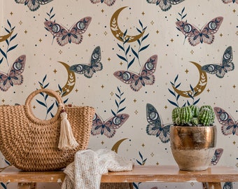 Moth and crescent moon premium wallpaper, esoteric and magical removable mural 104