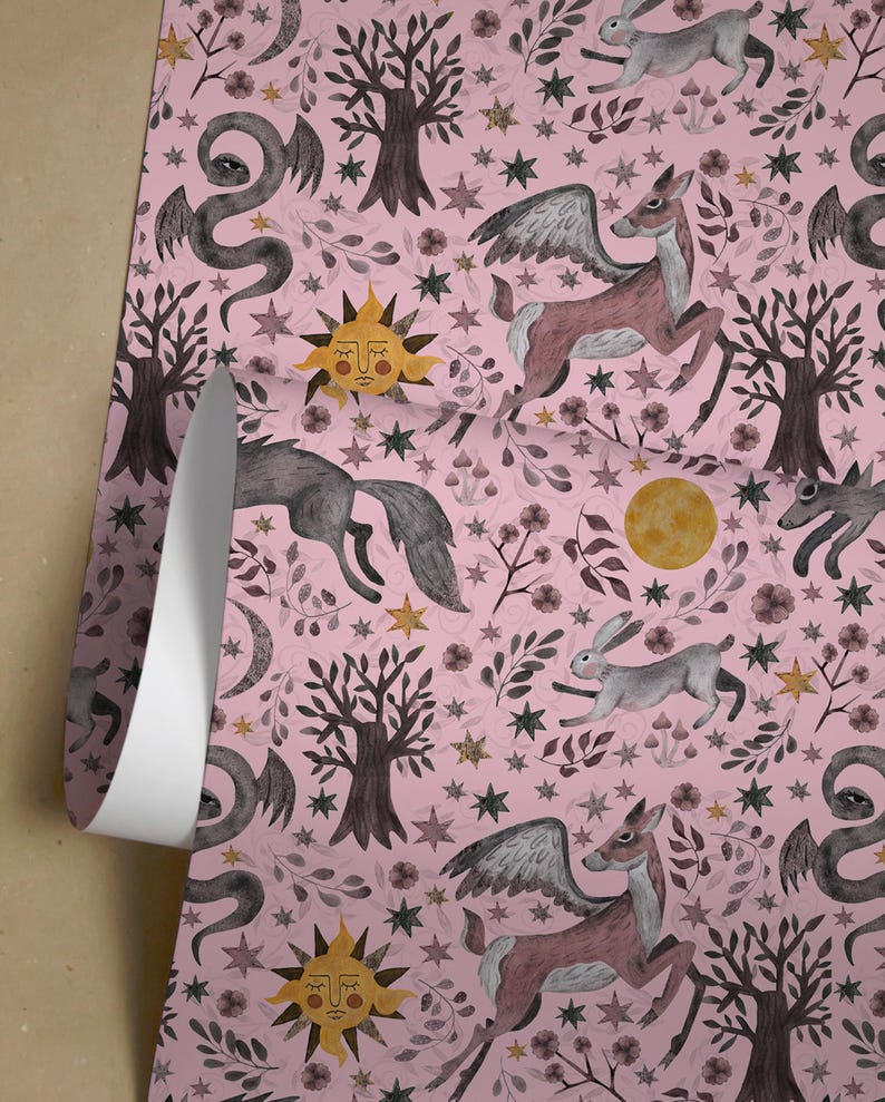 Buy Whimsical Animal Wallpaper, Enchanted Forest Mural, Pink Fairytale