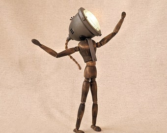 WOODEN MAN LAMP, Grey colour, Portable battery-operated lamp, Unique lamp, Articulated lamp, Wooden doll lamp, Lamp.