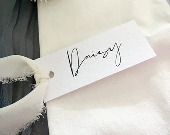 TS Script - Elegant Chiffon Ribbon Name Place Tags for Weddings - Personalized and Perfect for Your Special Day