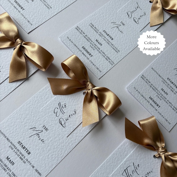 Wedding Menu Cards with Names | Personalised Menu Cards with Ribbon Bow | Elegant Place Setting Menus