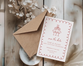 Save the Date Cards Printable Red | Modern Hand Drawn Wedding Save the Date | Personalised Digital Download UK