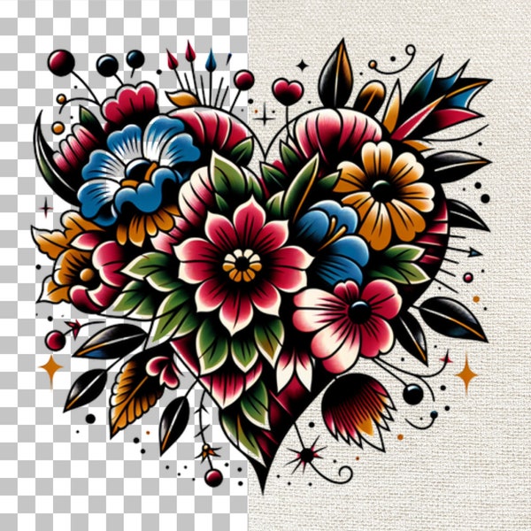 Floral Heart Bouquet - Transparent PNG Graphic - Digital Download - Traditional Tattoo Style