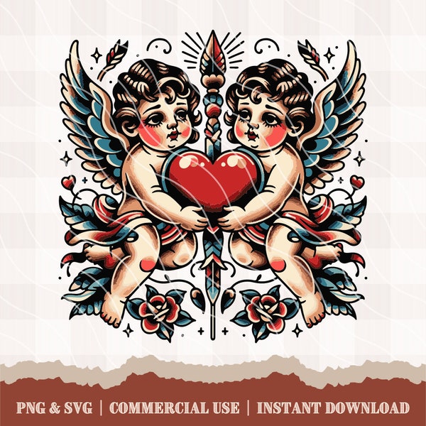 Twin Cherubs Holding a Heart - SVG & PNG Graphic, Digital Download, Sublimation Download