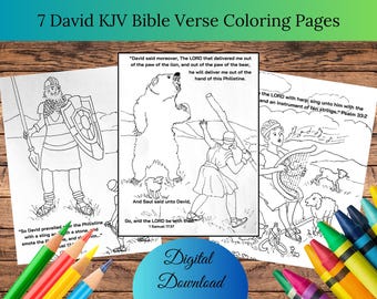 May include: Seven black and white coloring pages featuring scenes from the story of David in the Bible. The pages include images of David fighting a bear, David playing a harp, and David fighting Goliath. The pages are suitable for children and adults.